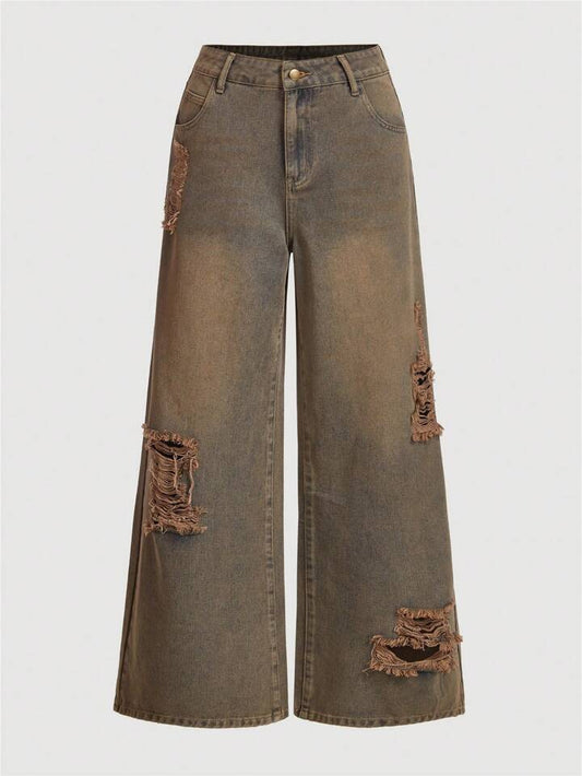 CM-BS146842 Women Casual Seoul Style Dark Wash Loose Fitting Low Waist Wide Leg Jeans