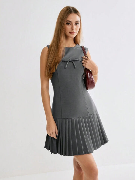 CM-DS694581 Women Casual Seoul Style Bowknot Round Neck Sleeveless Pleated Hem Short Dress - Gray