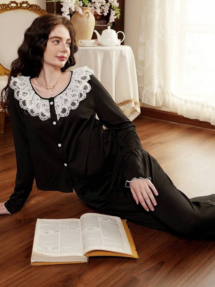 CM-LS596087 Women Trendy Seoul Style Lace Contrast Color Long Sleeve Top With Pants Sleepwear Set