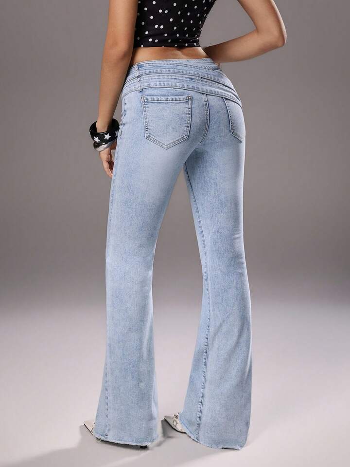 CM-BS561951 Women Casual Seoul Style Light Wash Decorative Belt Low Waist Flare Jeans