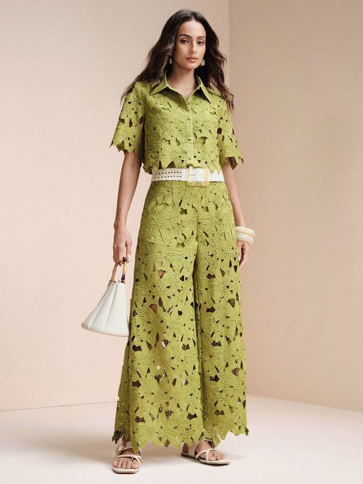 CM-SS474718 Women Trendy Bohemian Style Laser Cut Out Embroidered Short Sleeve Crop Top With Wide Leg Pants - Set