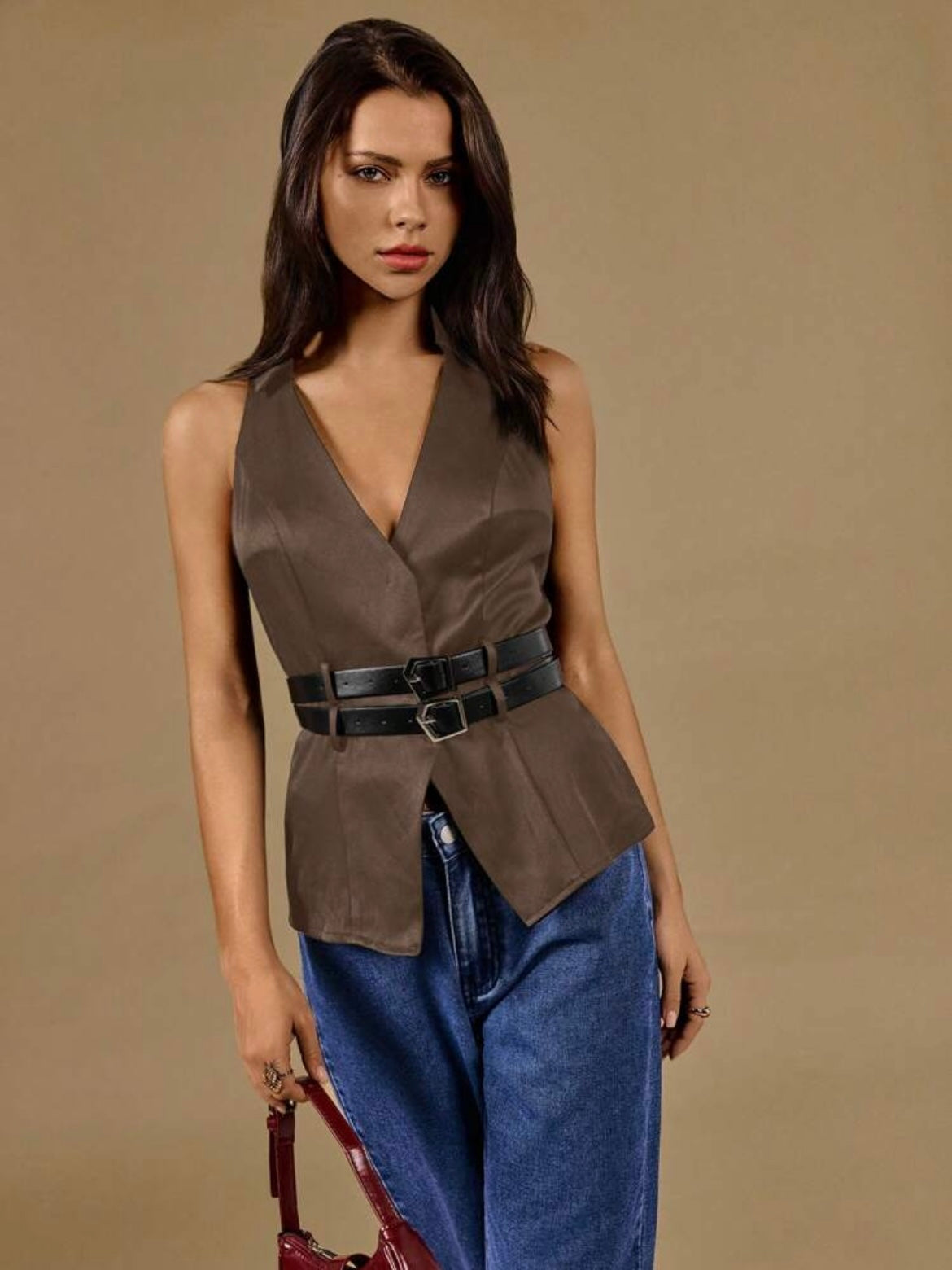 CM-TS239048 Women Casual Seoul Style Solid Color V-Neck Belted Sleeveless Blouse - Coffee Brown