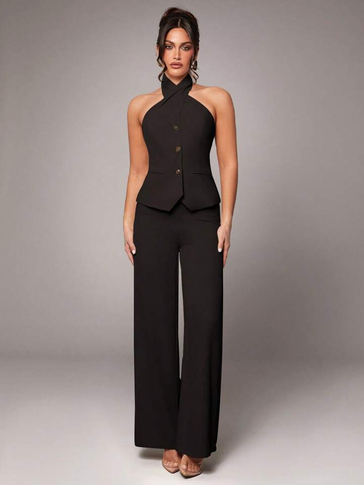 CM-SS235421 Women Elegant Seoul Style Sleeveless Metal Buckle Slim Halter Top With Pants Suit - Black