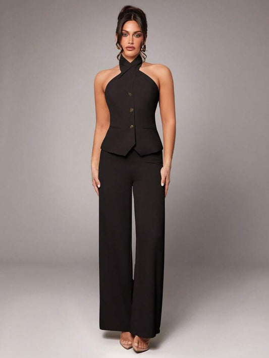CM-SS235421 Women Elegant Seoul Style Sleeveless Metal Buckle Slim Halter Top With Pants Suit - Black