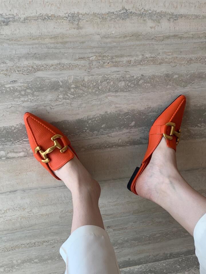 CM-SHS731130 Women Trendy Seoul Style Square Toe Metal Decor Flat Mules - Orange