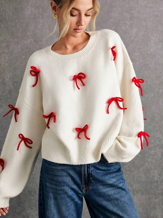CM-CS571757 Women Casual Seoul Style Round Neck Drop Shoulder Bow Decor Sweater - Apricot