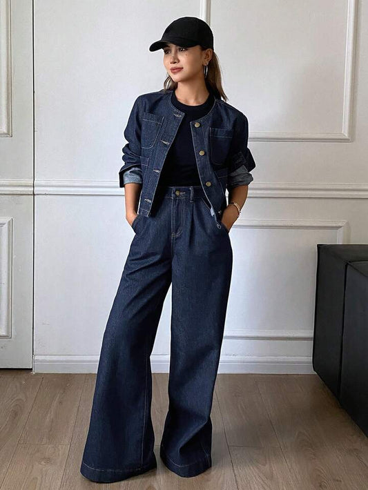 CM-SS742415 Women Casual Seoul Style Round Neck Long Sleeve Pocket Denim Top With Pants - Set