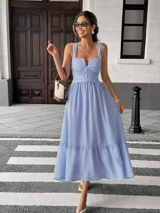 CM-DS672655 Women Trendy Bohemian Style V-Neck Sleeveless Striped Criss-Cross Dress - Blue