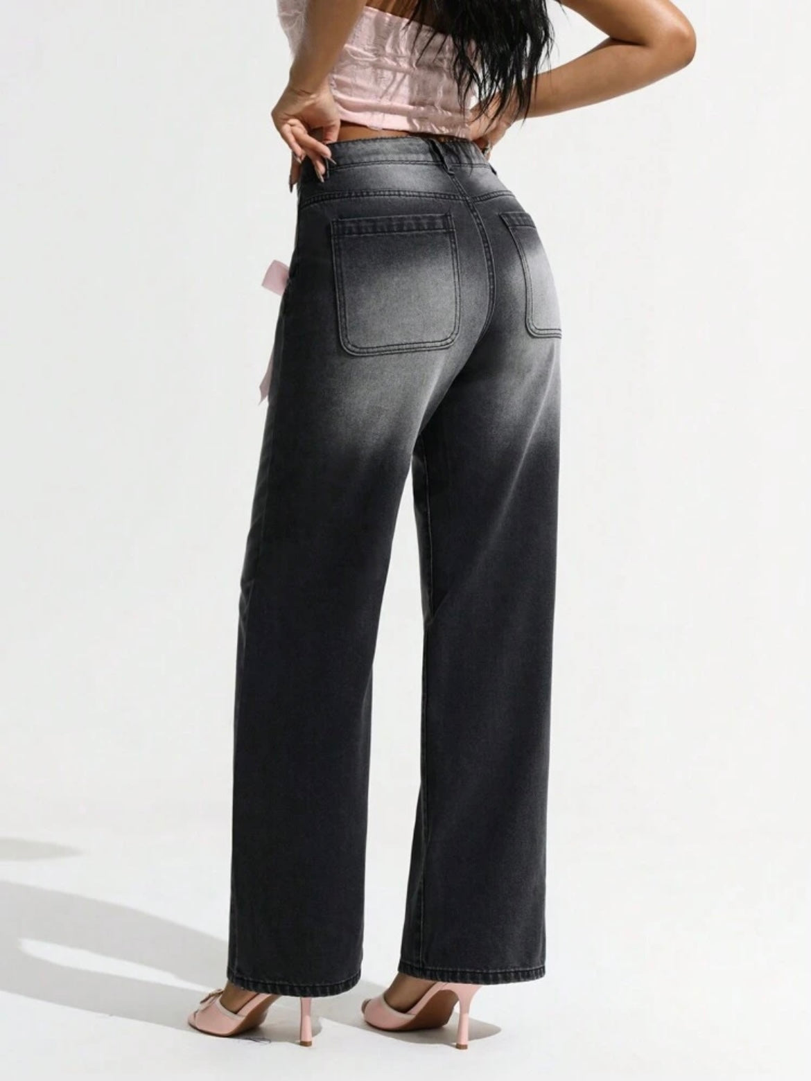 CM-BS282448 Women Casual Seoul Style Low-Waist Bow Decor Fitted Straight Leg Jeans - Black