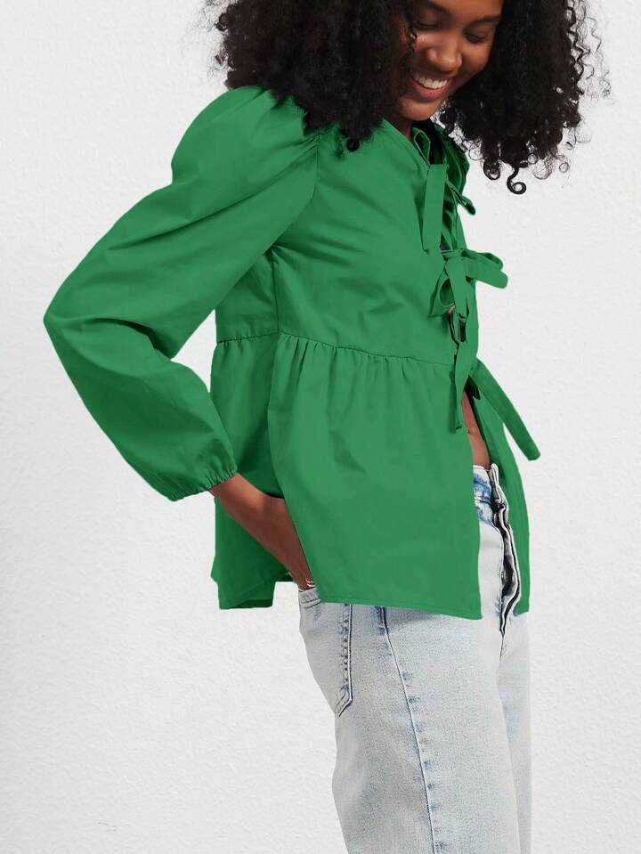 CM-TS810531 Women Casual Seoul Style Print Ruffle Hem Tie Long Sleeve Shirt - Green