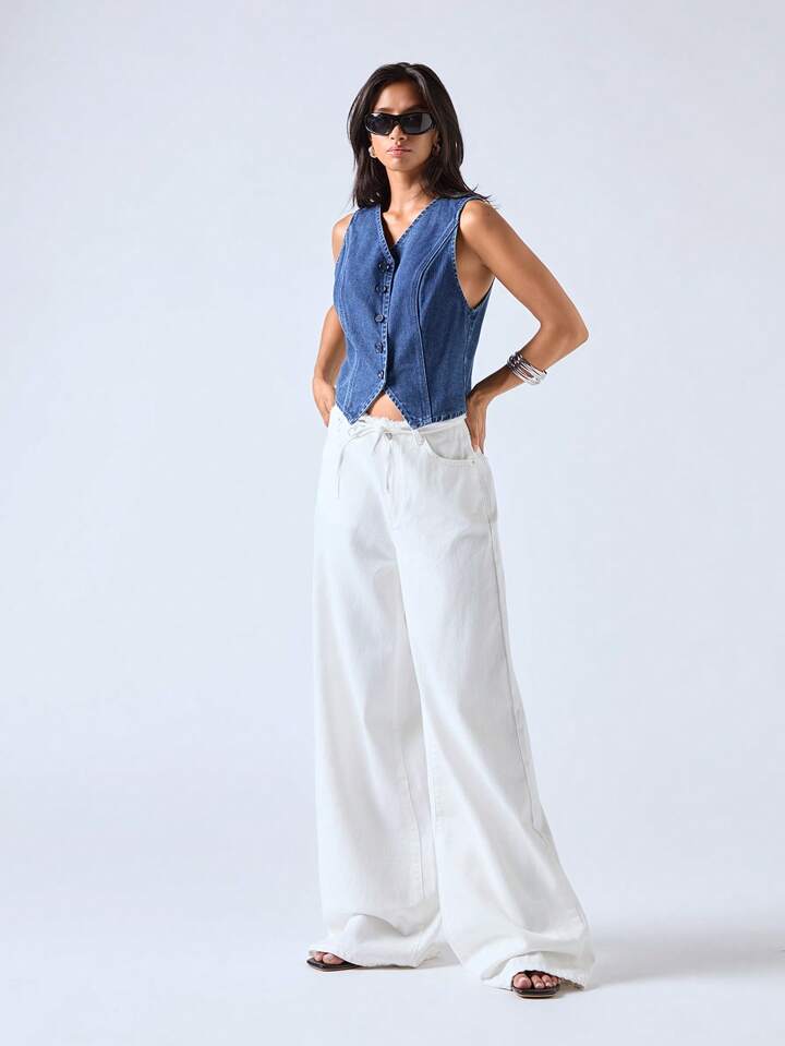 CM-BS838863 Women Casual Seoul Style Solid Color High Waist Frayed Hem Loose Wide Leg Jeans - White
