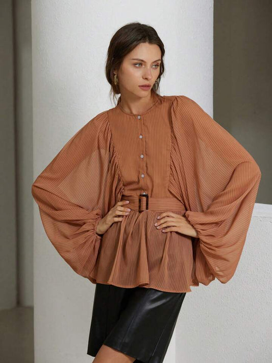 CM-TS827917 Women Elegant Seoul Style Striped Print Round Neck Sheer Belted Long Sleeve Blouse