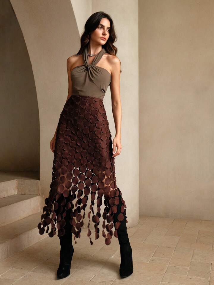 CM-BS476127 Women Trendy Bohemian Style Laser Cut Multi Circle Double Layered Maxi Skirt - Brown