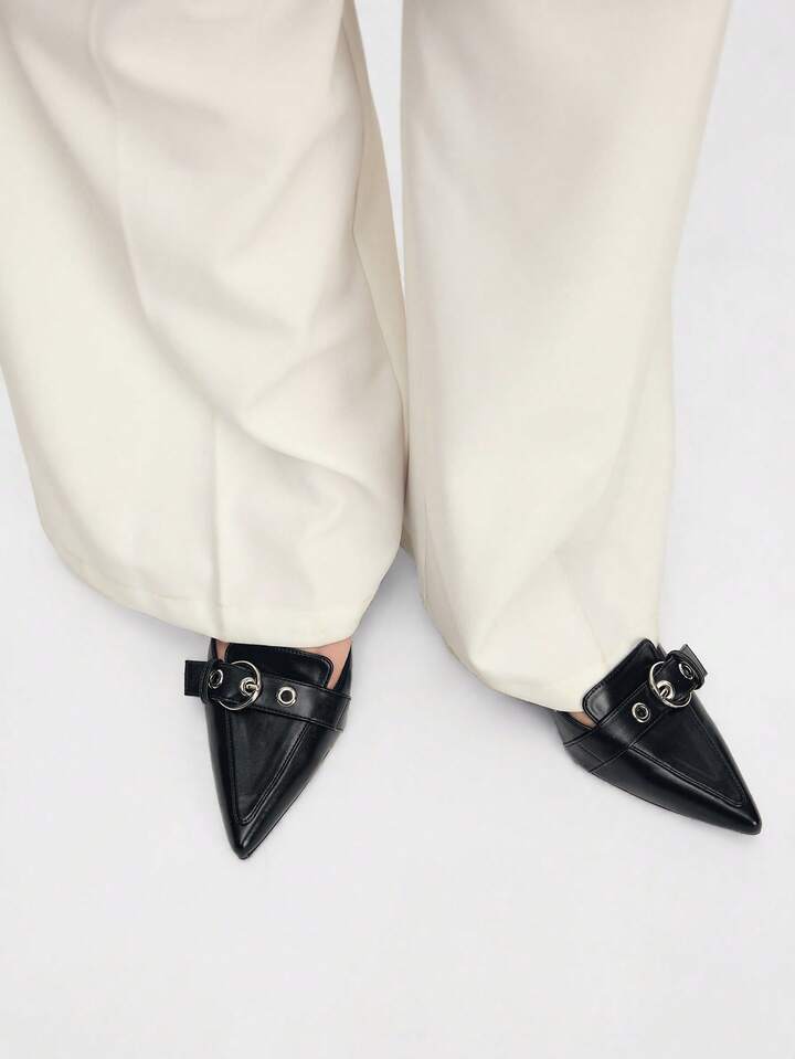 CM-SHS472346 Women Trendy Seoul Style Pointed Toe Buckle Design High Heel Mules - Black