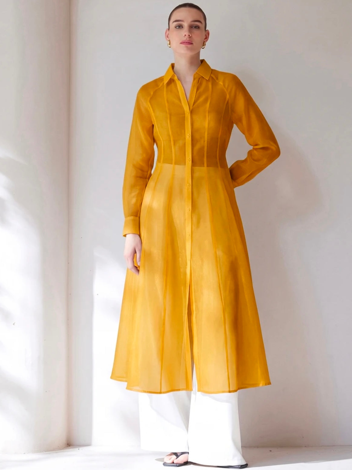 CM-TS234034 Women Casual Seoul Style Translucent Textured V-Neck Long Sleeve Gathered Waist Shirtdress - Yellow