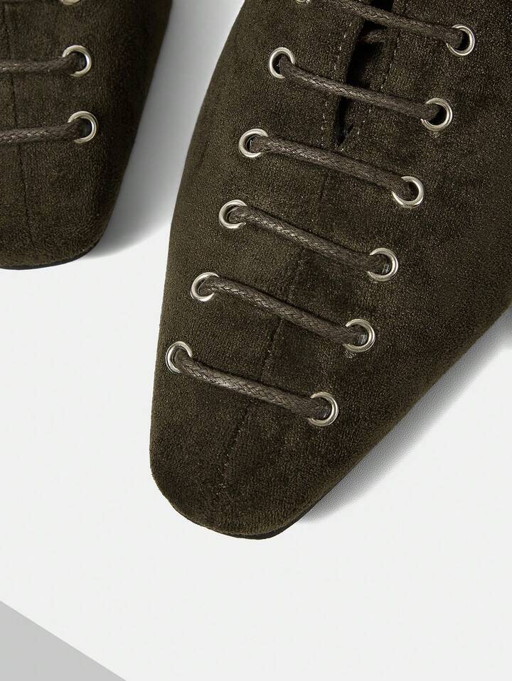 CM-SHS160503 Women Trendy Seoul Style Pointed Toe Criss-Cross Strap Low Heel Flats - Dark Green