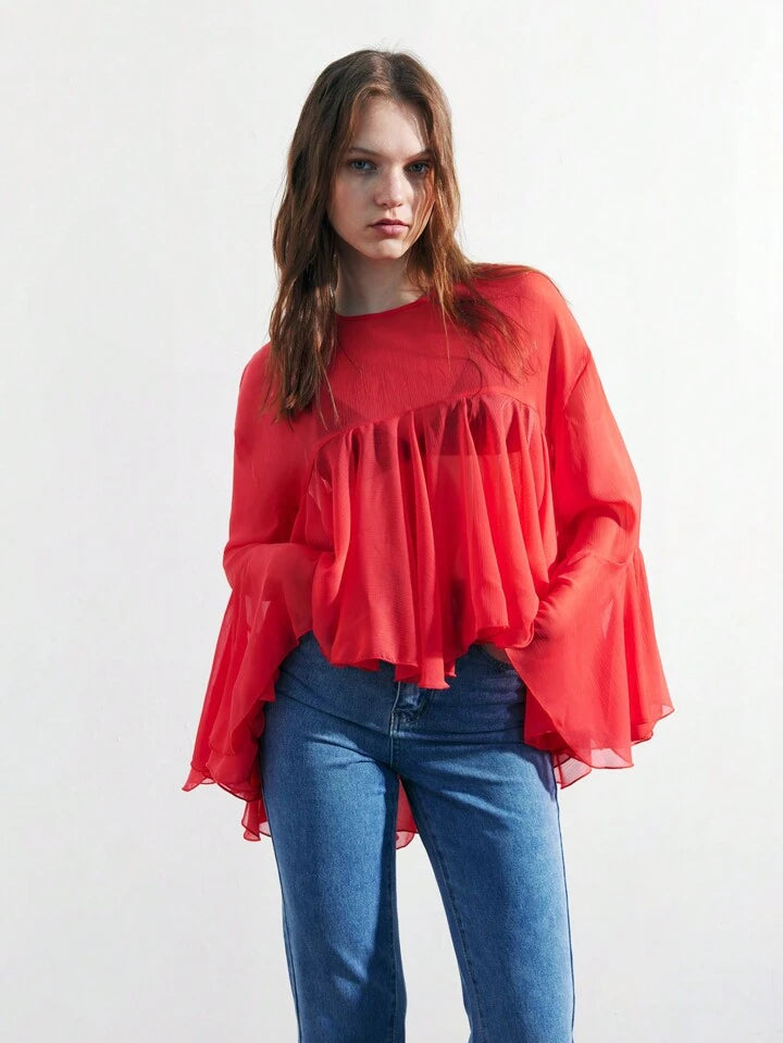 CM-TS115361 Women Trendy Bohemian Style Round Neck Long Sleeve Asymmetrical Mesh Shirt - Red