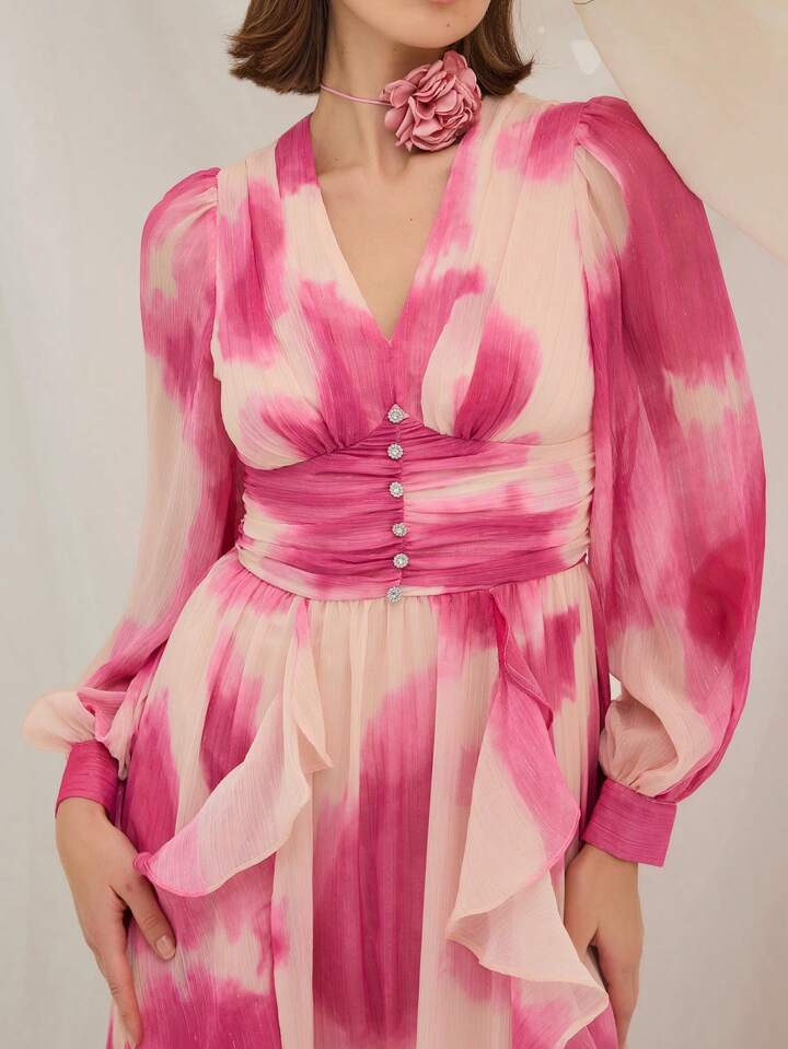 CM-DS202733 Women Elegant Seoul Style V-Neck Front Button Long Sleeve Printing Ruffle Hem Dress - Pink