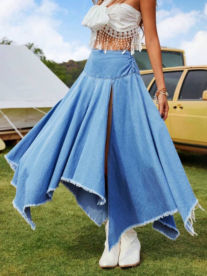 CM-BS175913 Women Casual Seoul Style High Slit Fringe Asymmetrical Hem Denim Midi Skirt - Blue
