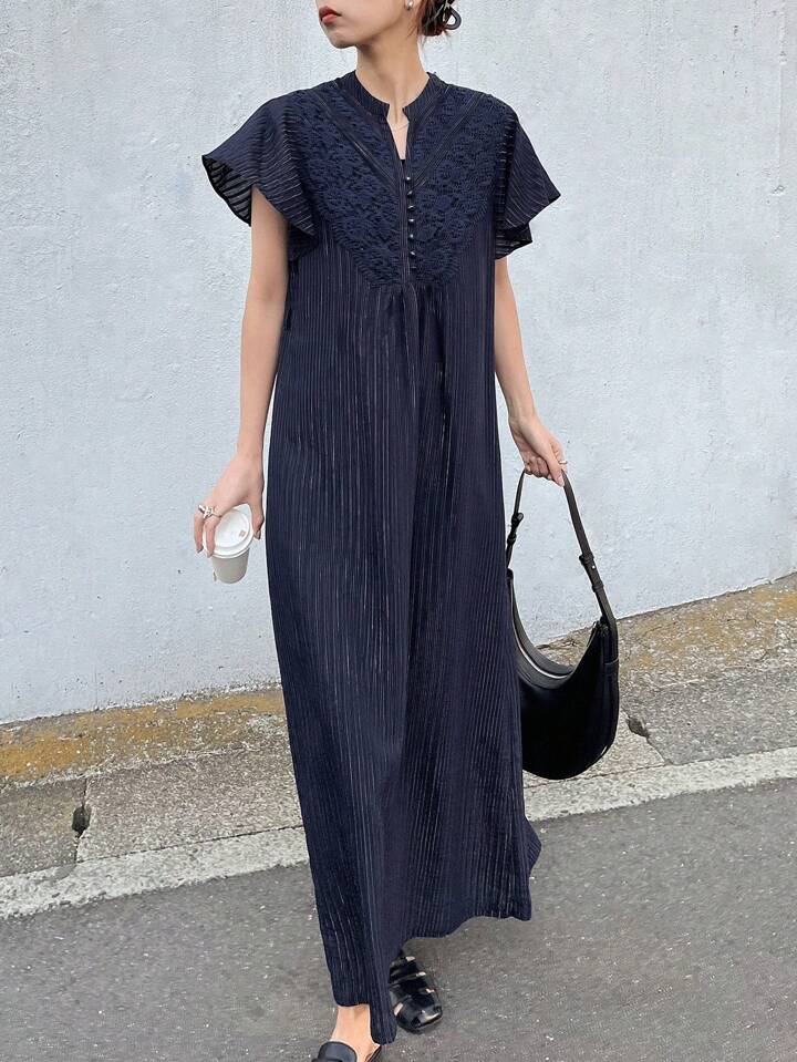 CM-DS034136 Women Elegant Seoul Style Notched Neckline Flounce Sleeve High Waist A-Line Dress - Navy Blue