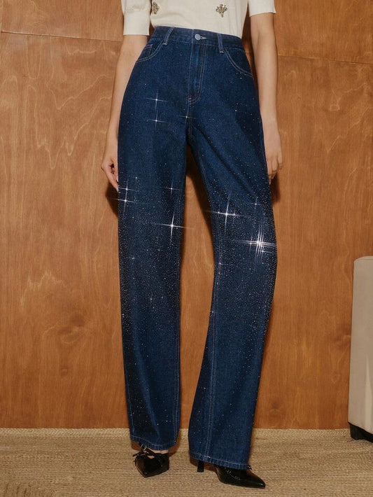 CM-BS444343 Women Casual Seoul Style Dark Wash High Waist Pockets Rhinestone Straight Loose Jeans