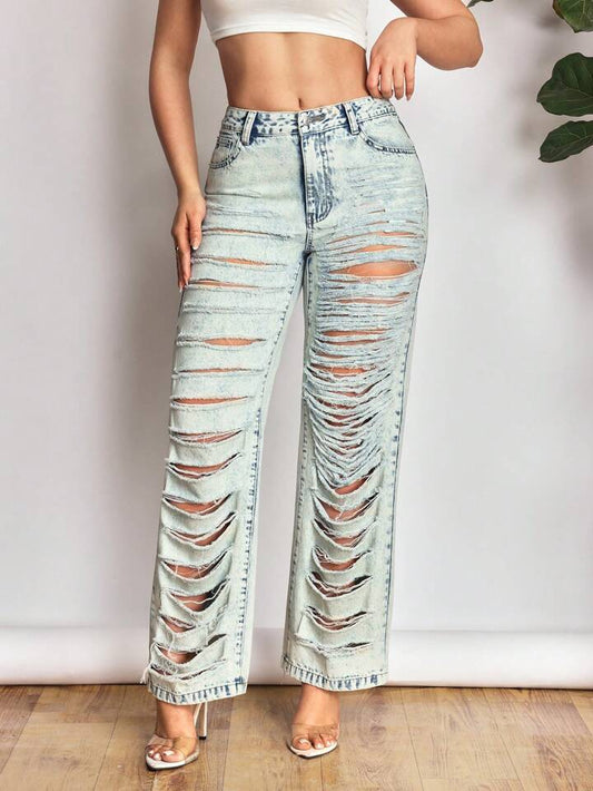 CM-BS445403 Women Casual Seoul Style Light Wash High Waist Distressed Straight Leg Jeans
