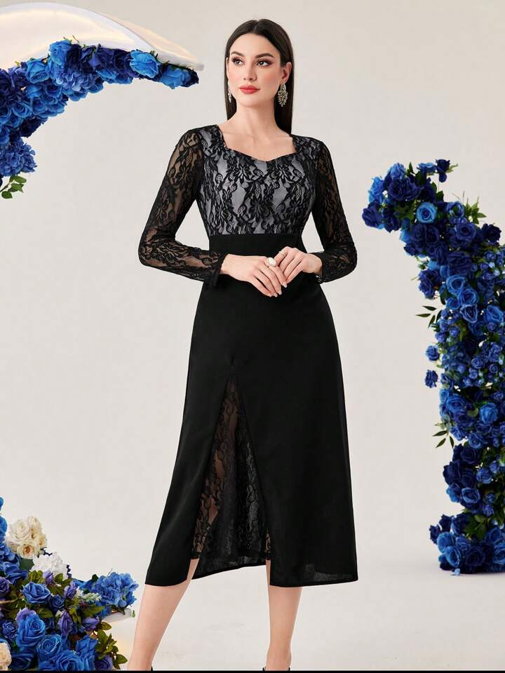 CM-DS155111 Women Elegant Seoul Style Solid Color Lace Patchwork Sweetheart Collar Dress