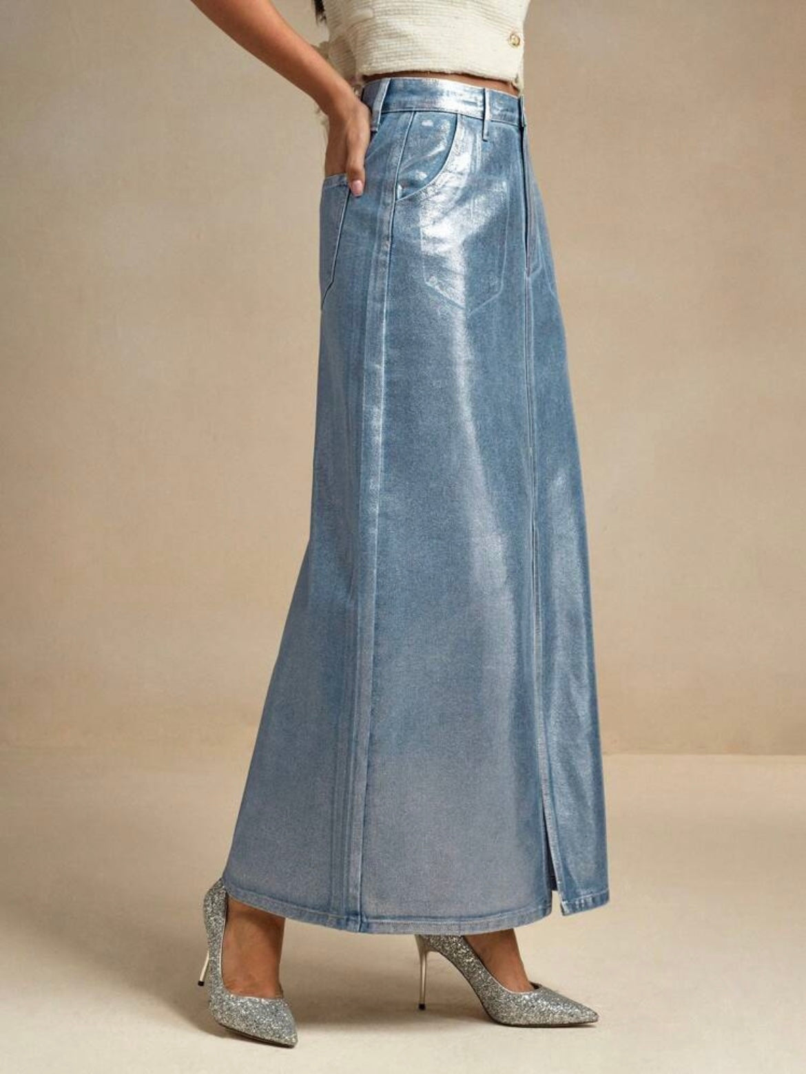 CM-BS400193 Women Casual Seoul Style Solid Color Pocketed Versatile Denim Maxi Skirt - Blue