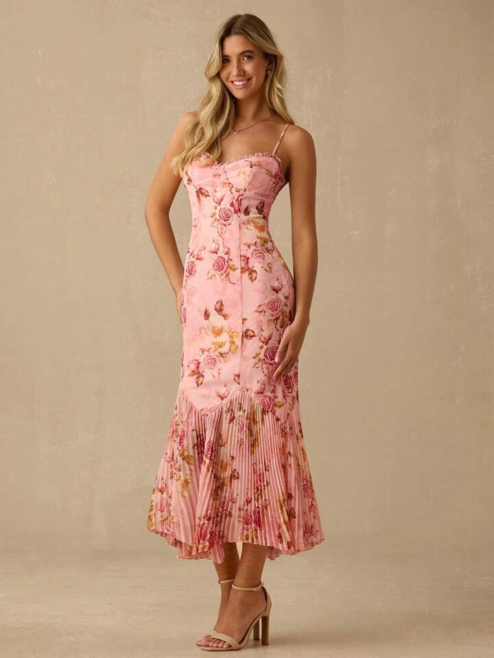 CM-DS836355 Women Elegant Seoul Style Floral Print Spaghetti Strap Sweetheart Neck Pleated Hem Mermaid Maxi Dress