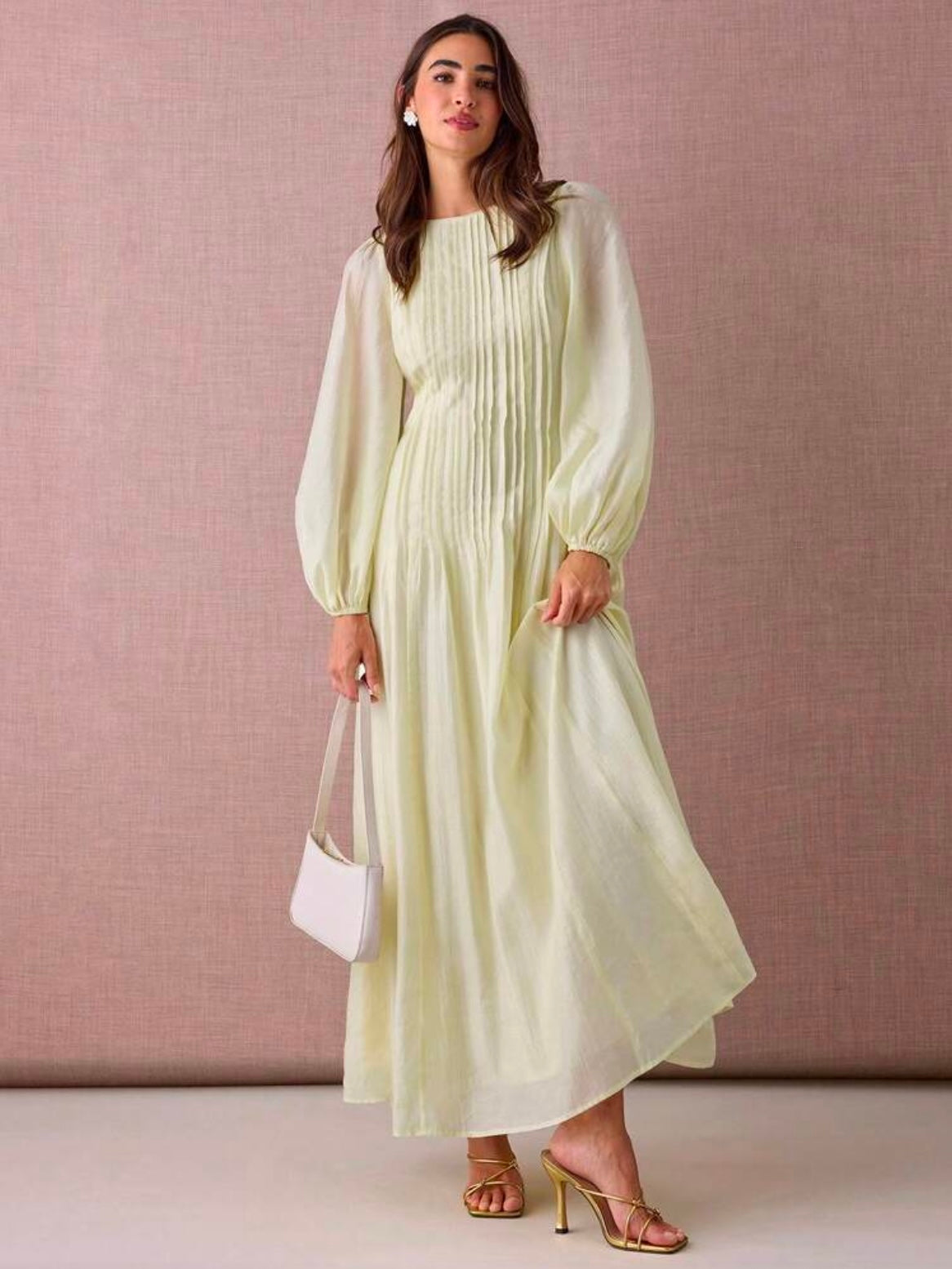 CM-DS915288 Women Elegant Seoul Style Round Neck Lantern Sleeve Pleated Design A-Line Maxi Dress - Yellow