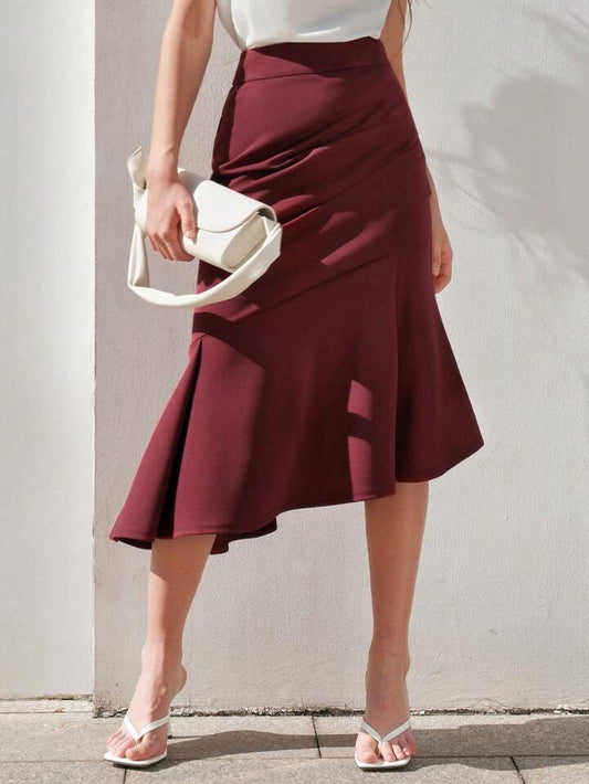 CM-BS574022 Women Elegant Seoul Style High Waist Fish Tail Hem Skirt - Burgundy