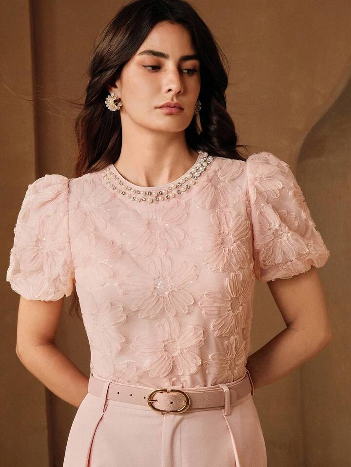CM-TS228826 Women Elegant Seoul Style Pearl Embroidered Floral Mesh Round Neck Petal Sleeve Blouse - Pink