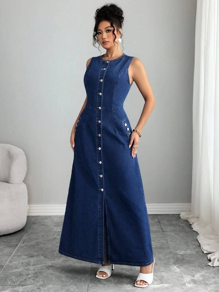 CM-DS817222 Women Elegant Seoul Style Minimalist Round Neck Sleeveless Button-Down Denim Dress - Blue