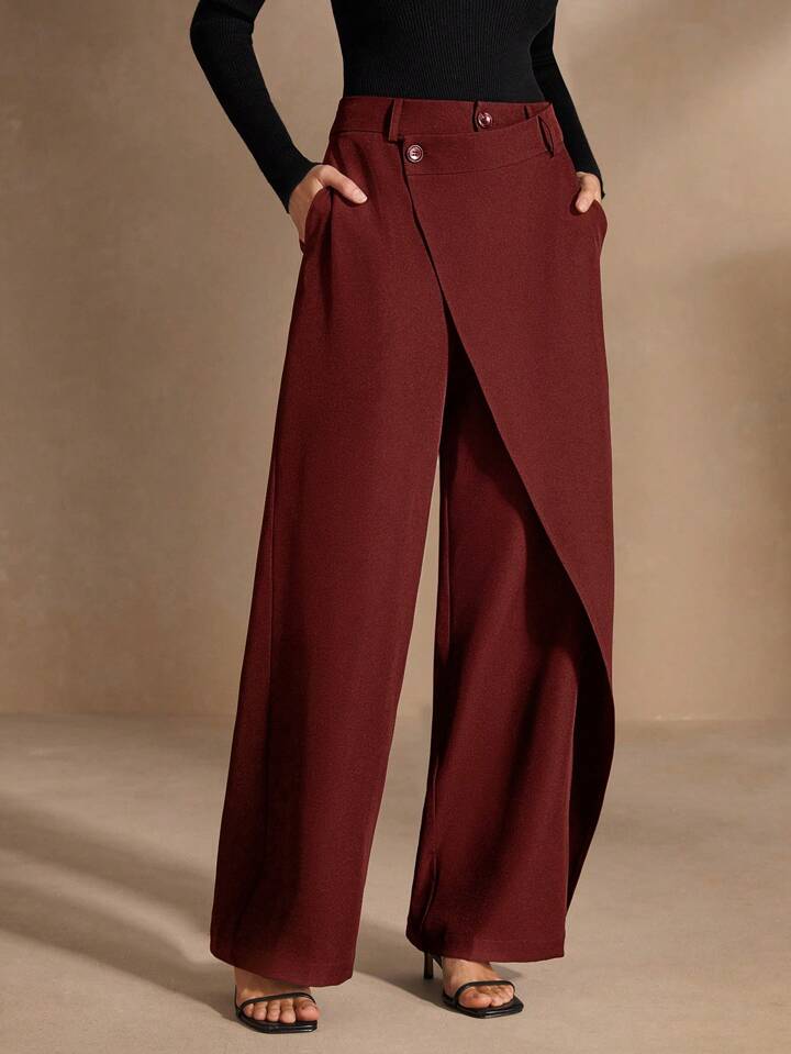CM-BS439342 Women Elegant Seoul Style Asymmetrical Draping Cross-Wrap Pockets Straight-Leg Pants - Red