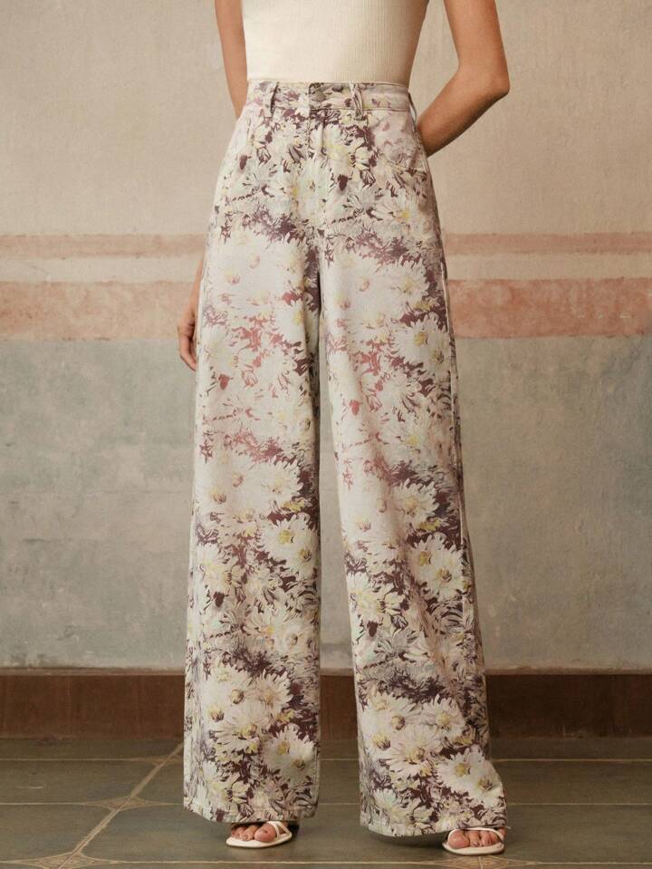 CM-BS172777 Women Casual Seoul Style Floral Printed High-Waisted Wide Leg Jeans - Yellow