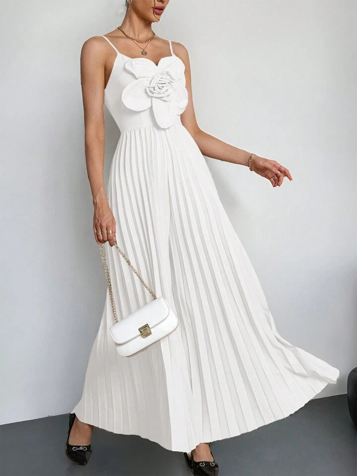 CM-JS250494 Women Elegant Seoul Style V-Neck Spaghetti Strap 3D Floral Wide Leg Jumpsuit - White