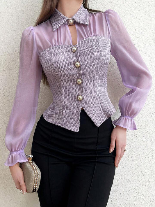 CM-TS721140 Women Elegant Seoul Style Patchwork Button Front Long Sleeve Shirt - Purple