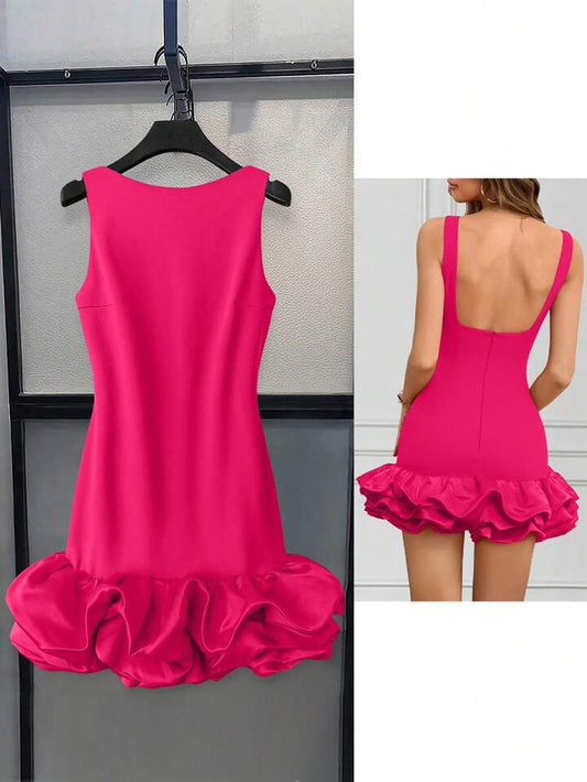 CM-DS365485 Women Elegant Seoul Style Round Neck Sleeveless Ruffle Hem Short A-Line Dress - Hot Pink