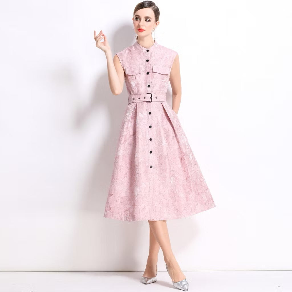 CM-DY054301 Women Elegant European Style Stand Collar Sleeveless Slim Mid-Length Dress - Pink