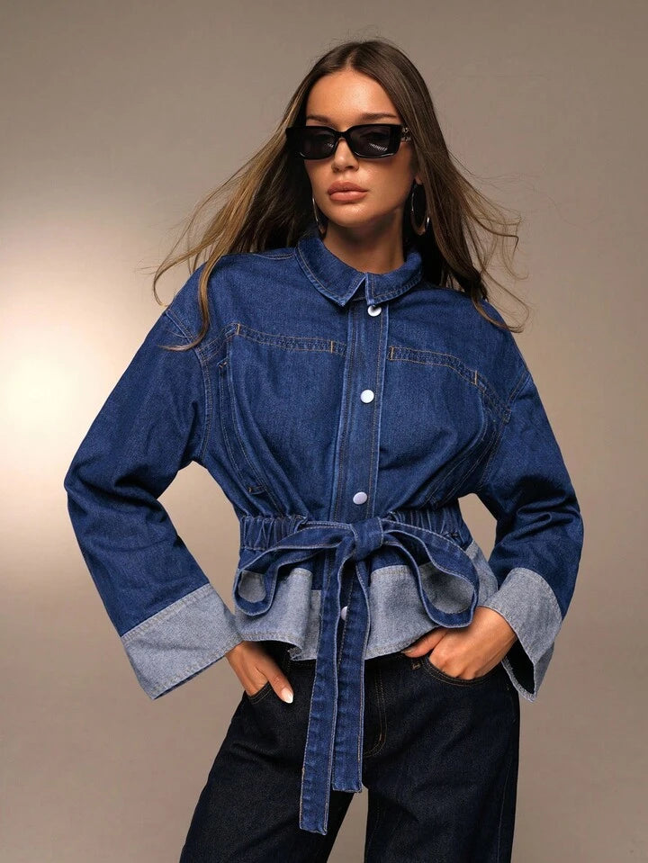 CM-CS044001 Women Elegant Seoul Style Dark Wash Collar Neckline Single Breasted Long Sleeve Denim Jacket