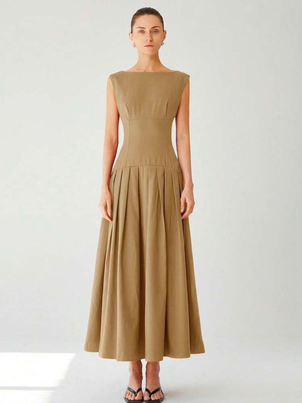 CM-DS613174 Women Elegant Seoul Style Sleeveless Cinched Waist Low Waist Pleated Ruffle Hem Long Dress - Apricot
