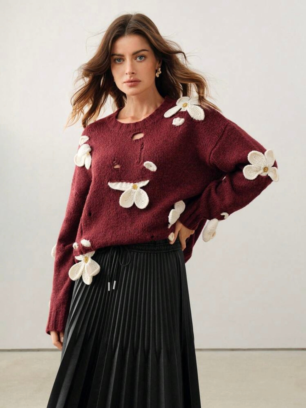 CM-CS771282 Women Casual Seoul Style Round Neck Crochet 3D Floral Long Sleeve Knitted Sweater