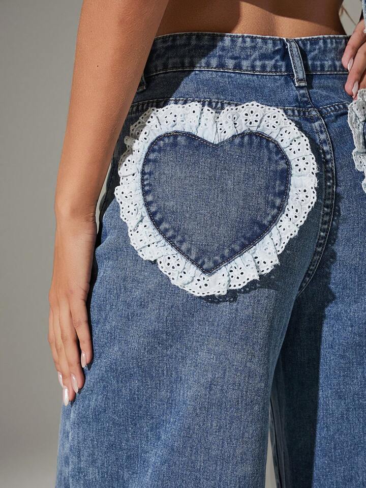 CM-BS454761 Women Casual Seoul Style Washed Heart Shape Ruffle Hem Wide Leg Jeans