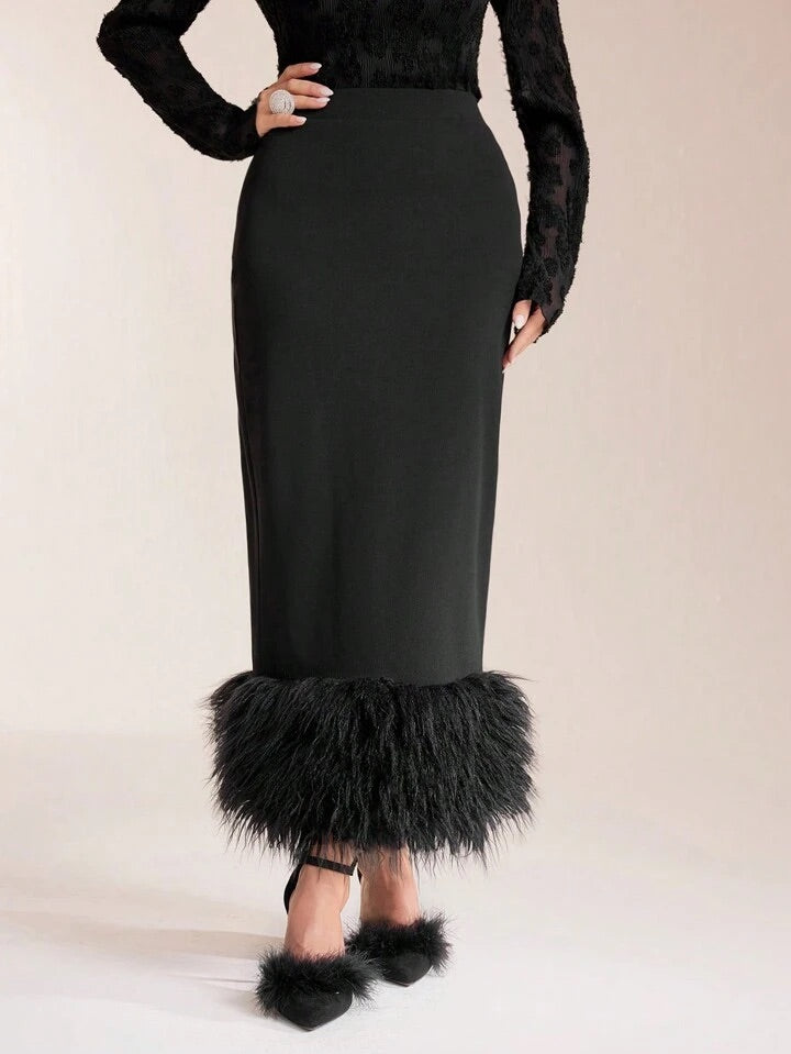 CM-BS738020 Women Elegant Seoul Style High Waist Fuzzy Hem Skirt - Black