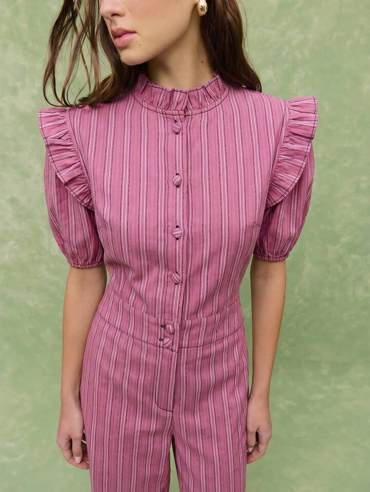 CM-JS310763 Women Casual Seoul Style Ruffled Collar Puff Sleeve Wide Leg Pinstripe Jumpsuit - Red