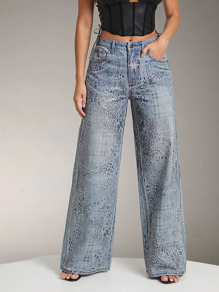 CM-BS802901 Women Casual Seoul Style Leopard Plaid Foil Print High Waist Wide Leg Denim Jeans
