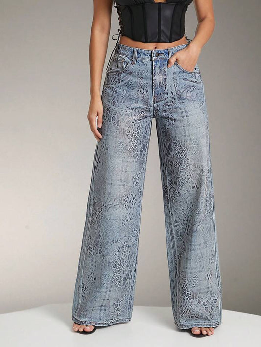 CM-BS802901 Women Casual Seoul Style Leopard Plaid Foil Print High Waist Wide Leg Denim Jeans
