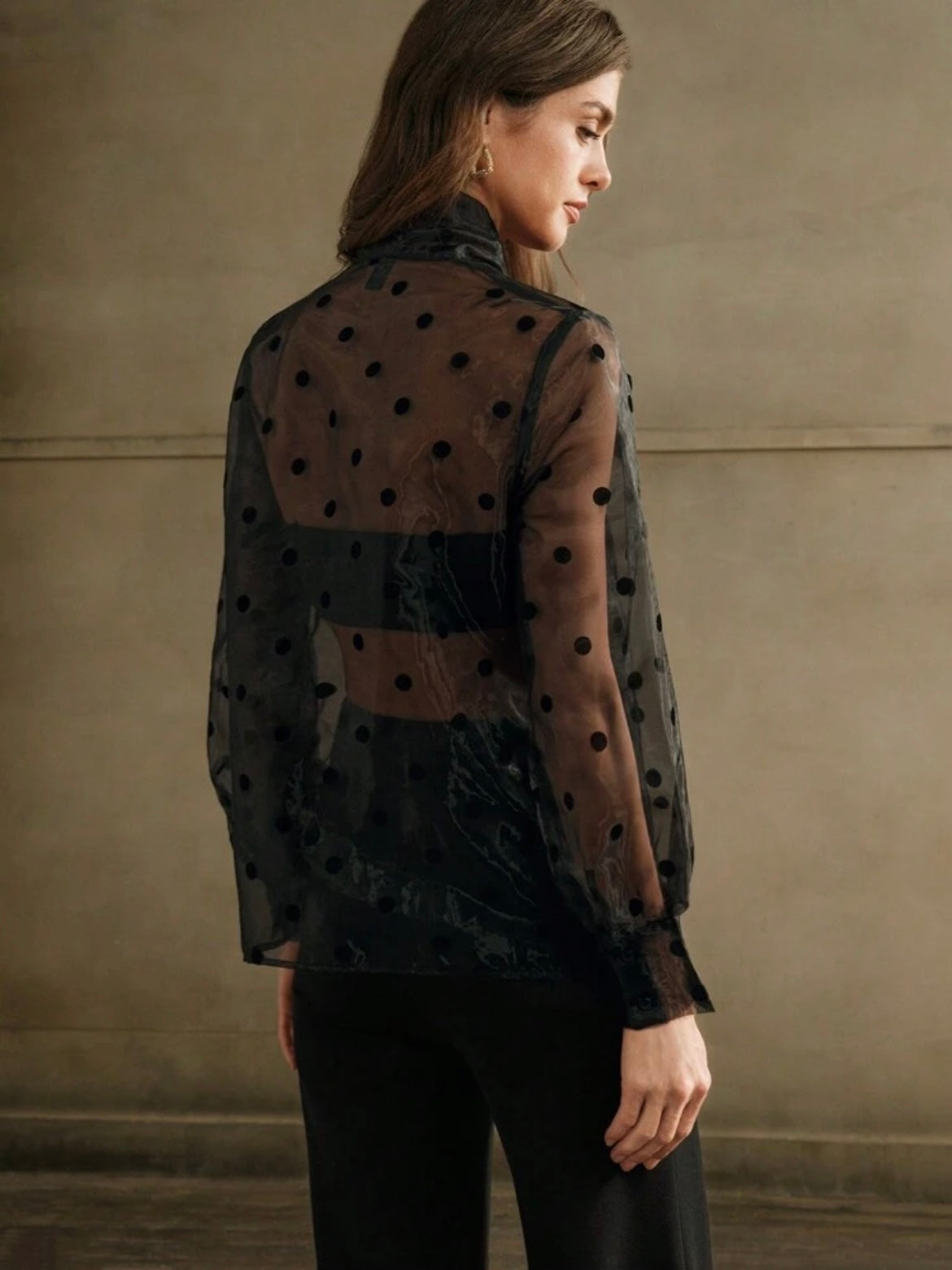 CM-TS463033 Women Elegant Seoul Style Pearl Metallic Accessory Sheer Polka Dot Blouse With Bow Collar