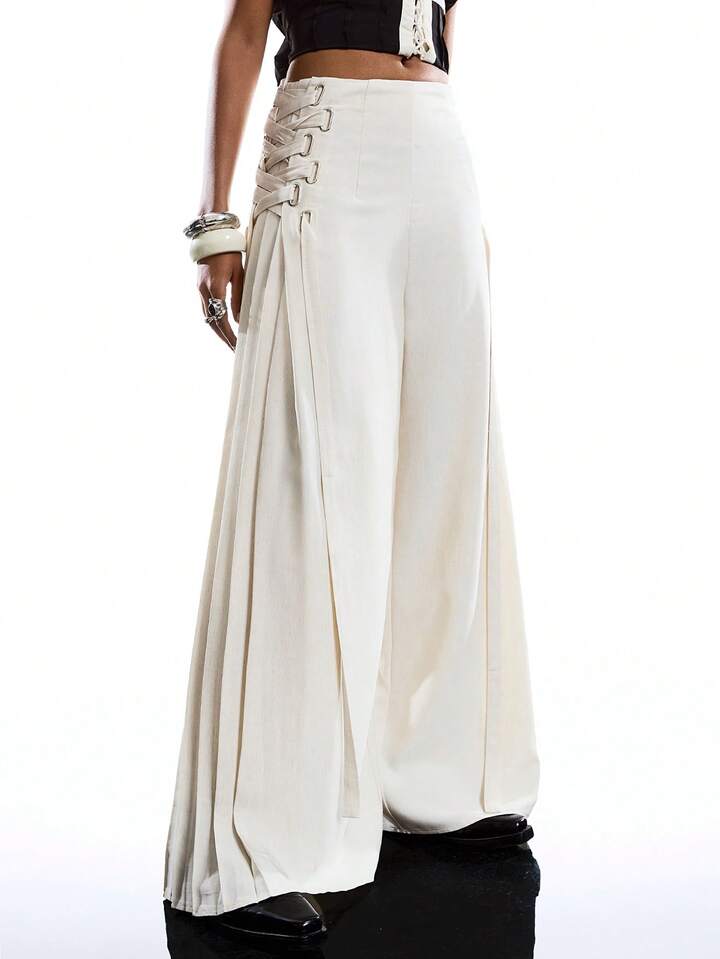 CM-BS055171 Women Casual Seoul Style Solid Color Minimalist Tie-Up Pants Dress Over Pants - Khaki