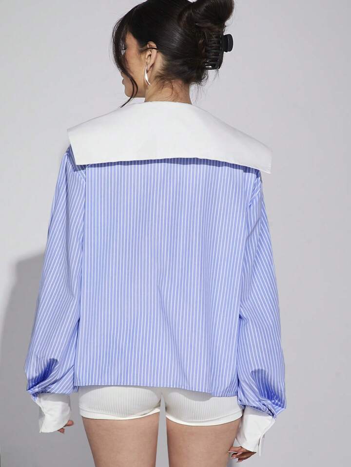 CM-TS691243 Women Casual Seoul Style Asymmetrical Collared Bishop Sleeve Ciolorblock Blouse